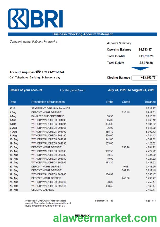 Bank BRI business bank statement Word and PDF template